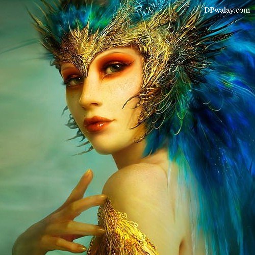 woman with blue and gold feather headpiece