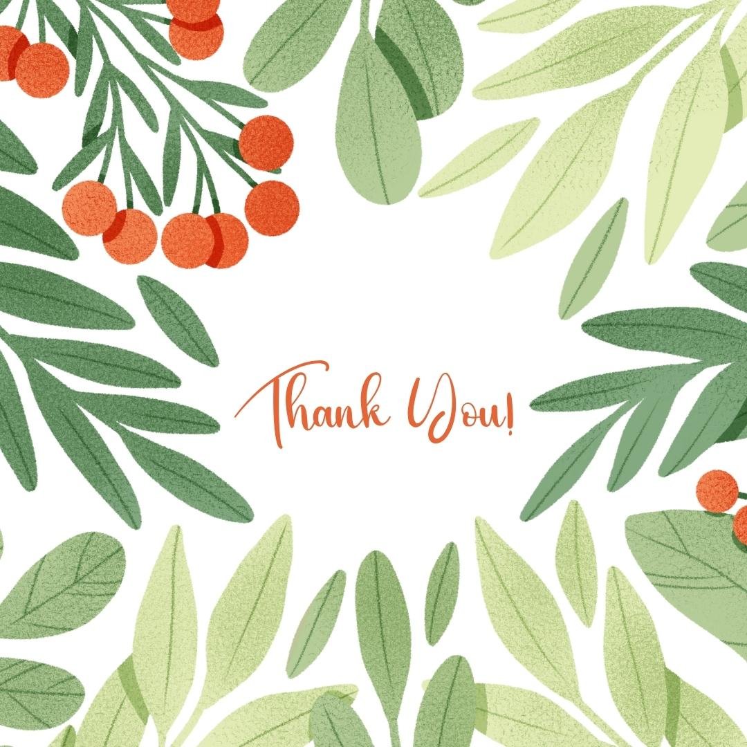 thank card with olive branches and red berries