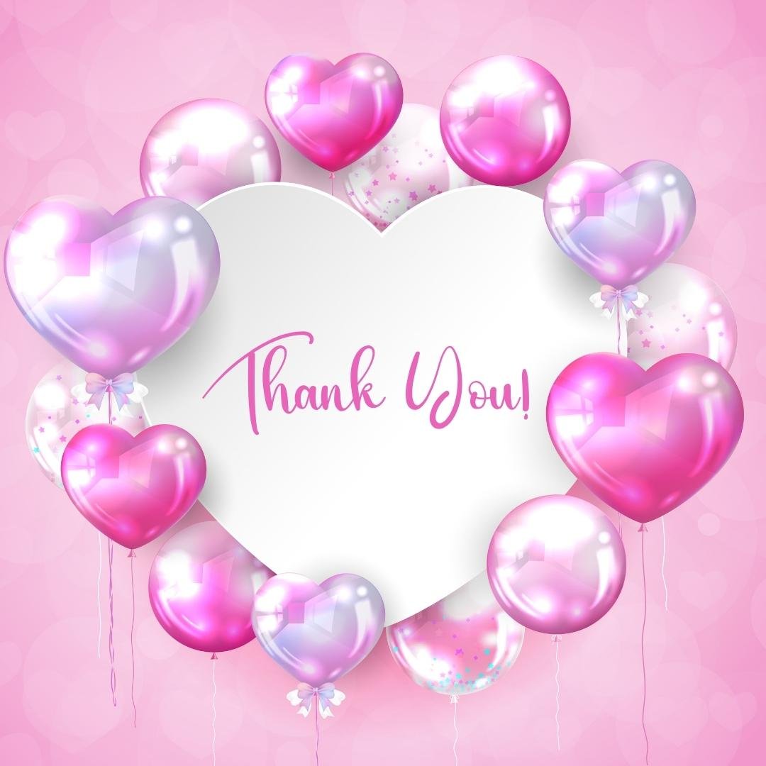 thank card with pink and white balloons