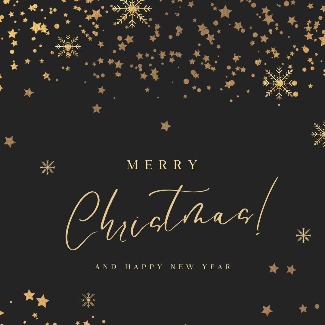 merry christmas card with gold stars and snowflakes